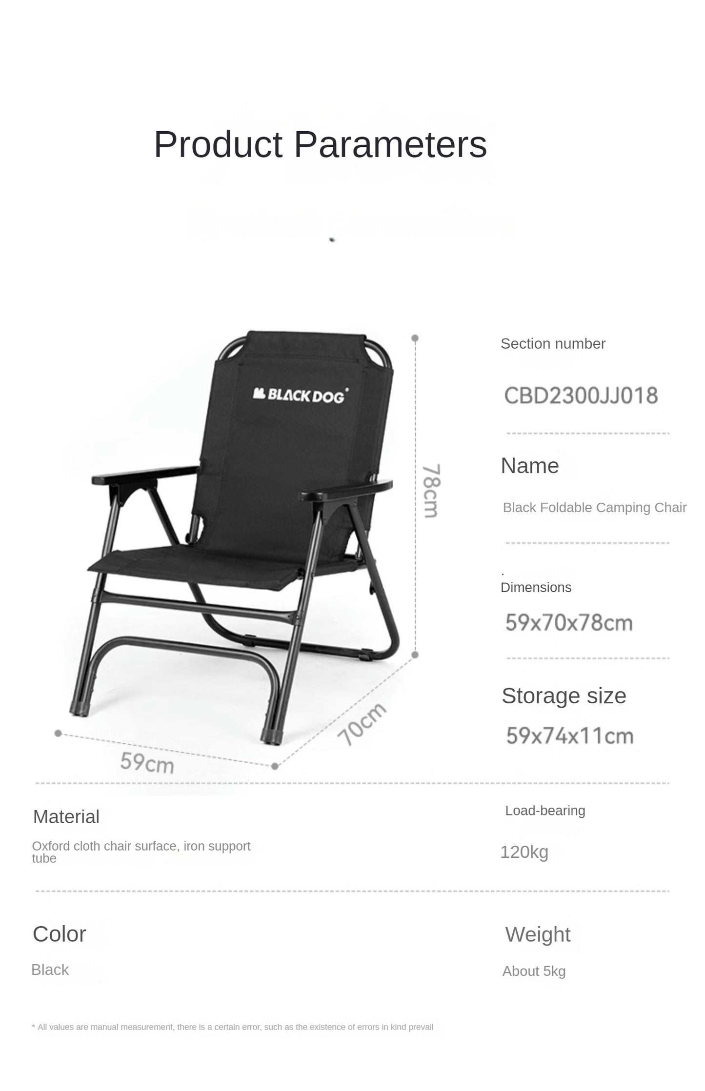 BLACKDOG Black Foldable Camping Chair Portable Ultralight Single Folding Seat Stool Upgraded Oxford Steel 120kg Max Load High Back Support Armchair