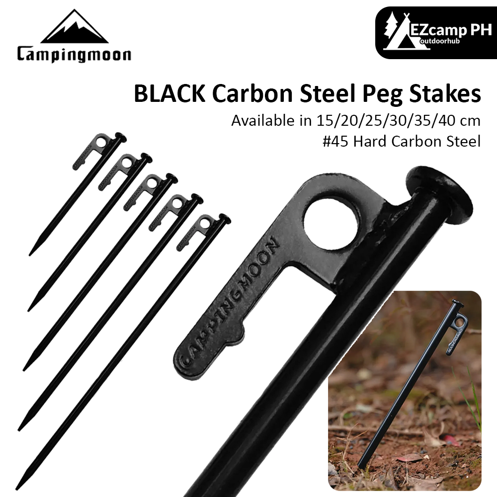 CAMPINGMOON T Series Black Carbon Steel Camping Tent Wind Rope Peg Stakes Ground Nail Pegs Heavy Duty 15 20 25 30 35 40 cm Camping Moon 1pc Per Order