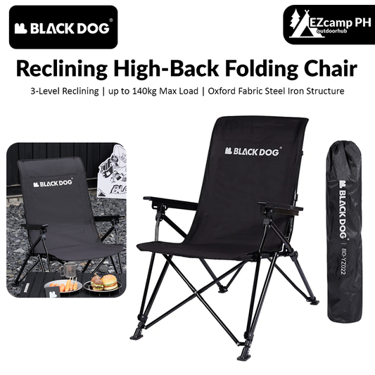 BLACKDOG Black Reclining High-Back Folding Chair Portable Foldable Camping Chair 3 Level Recliner 140kg Max Load Travel Picnic Seat Oxford Fabric Steel Iron Structure Heavy Duty Black Dog