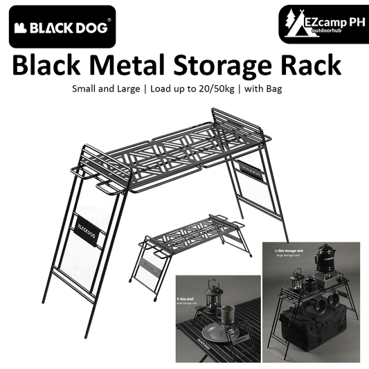 BLACKDOG Black Metal Storage Rack Shelf Portable Outdoor Camping Equipment Shelves Trapezoidal Small Large Load up to 50kg Heavy Duty Steel Iron with Storage Bag Black Dog