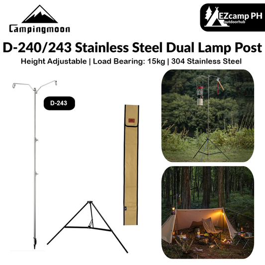 CAMPINGMOON D-240 / D-243 Stainless Steel Dual Lamp Post Camping Lantern Light Pole Adjustable Height 15kg Max Load Original with Optional Tripod