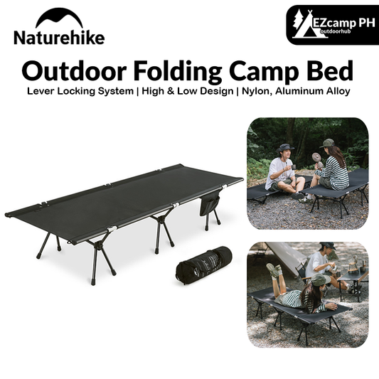 Naturehike Outdoor Folding Camp Bed Portable Black Foldable Cot Bed Aluminum Easy Assemble High and Low Camping 150kg Max Load Heavy Duty Nature Hike