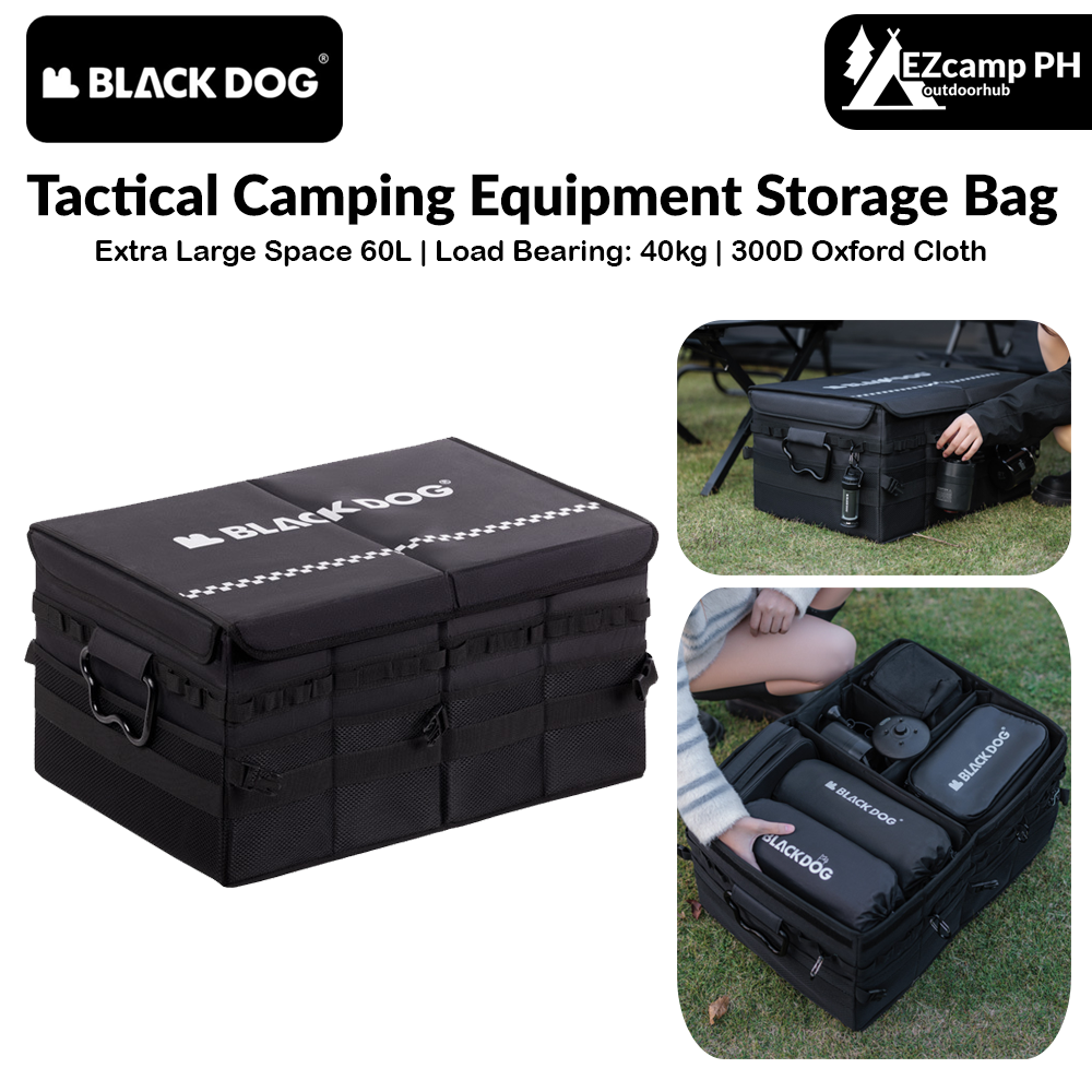 BLACKDOG Black Tactical Camping Equipment Storage Bag Free Partition Extra Large 60L up to 40kg Max Load Waterproof Portable Folding Outdoor Travel Vehicle Mounted Black Dog