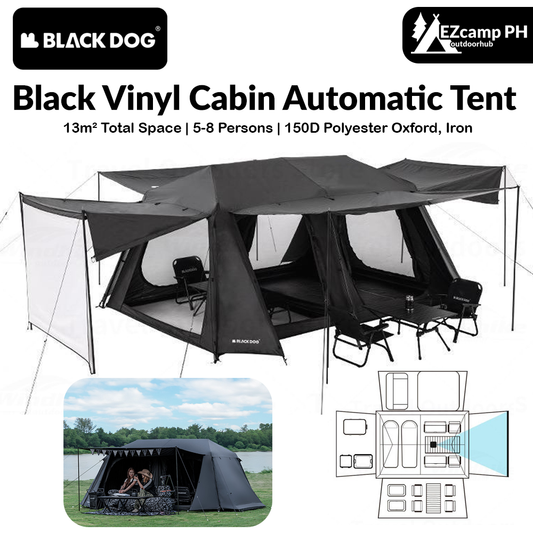 BLACKDOG Black Cabin Style Fast Build Automatic Camping Cinema Tent Large 13m² Space for 5-8 Person Family 2 Bedroom 4 Hall with Projection Screen