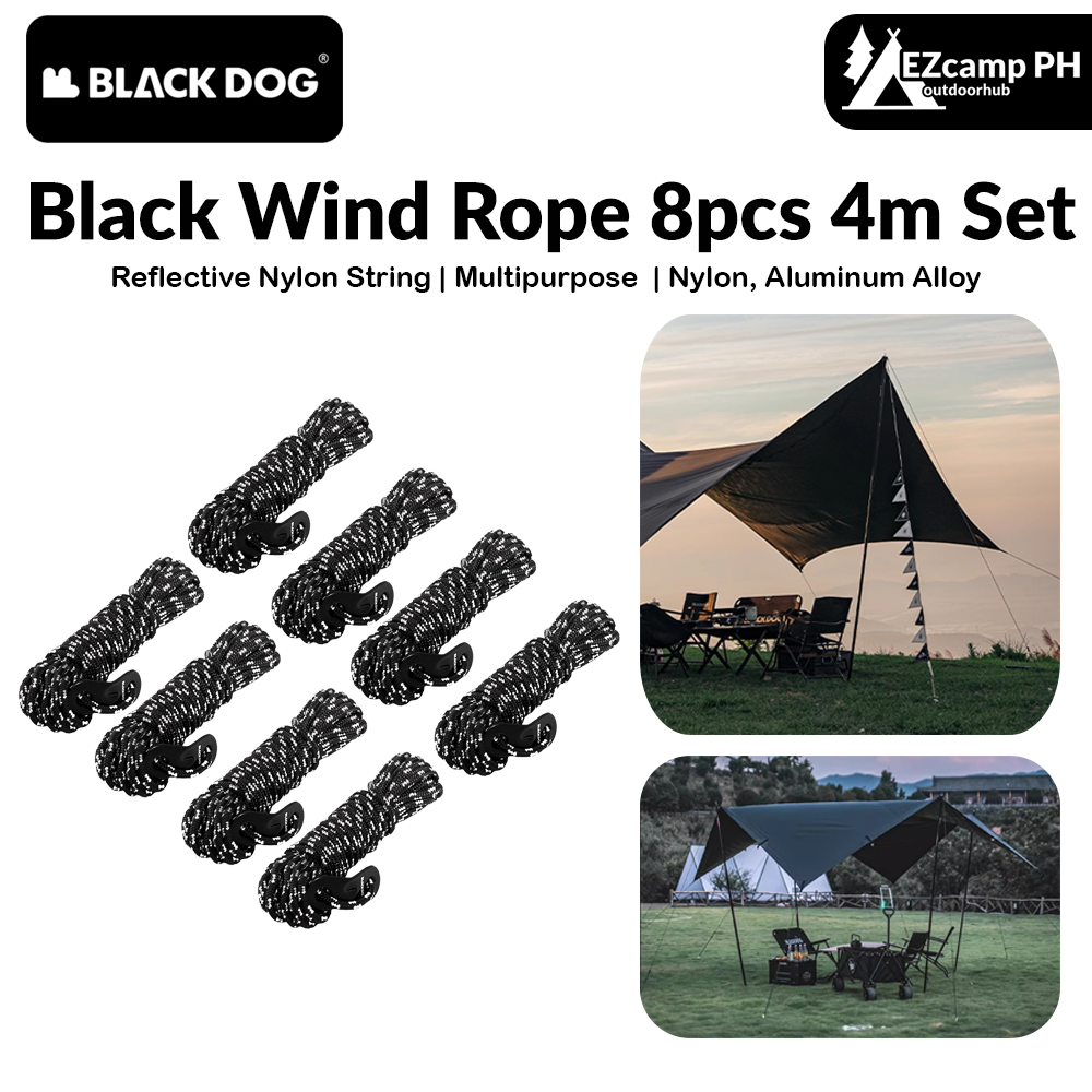 BLACKDOG Black Wind Rope 8pcs 4m Set with Buckle Tensioner Outdoor Camping Tent Tarp Awning Canopy Reflective Nylon Guy Lines 4mm String Size Pack