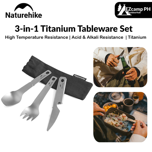 Naturehike 3-in-1 Titanium Tableware Set Portable Ultralight Cutlery Spoon Fork Knife Bottle Opener Camping Hiking Backpacking Dining Utensil