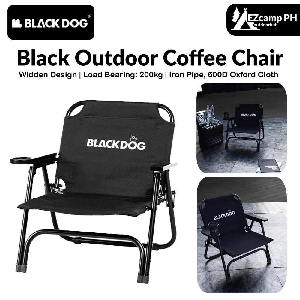 BLACKDOG Black Outdoor Coffee Chair Portable Folding Low Chair with Coffee Cup Holder Version 200kg Max Load Kermit Lying Foldable Seat Arm Back Rest