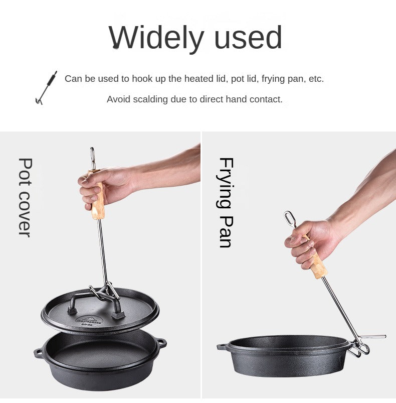 Campingmoon MS-34 Double Hook Pot Lid Lifter Portable Stainless Steel Cookware Hot Cast Iron Cover Pan Skillet Holder Wooden Handle