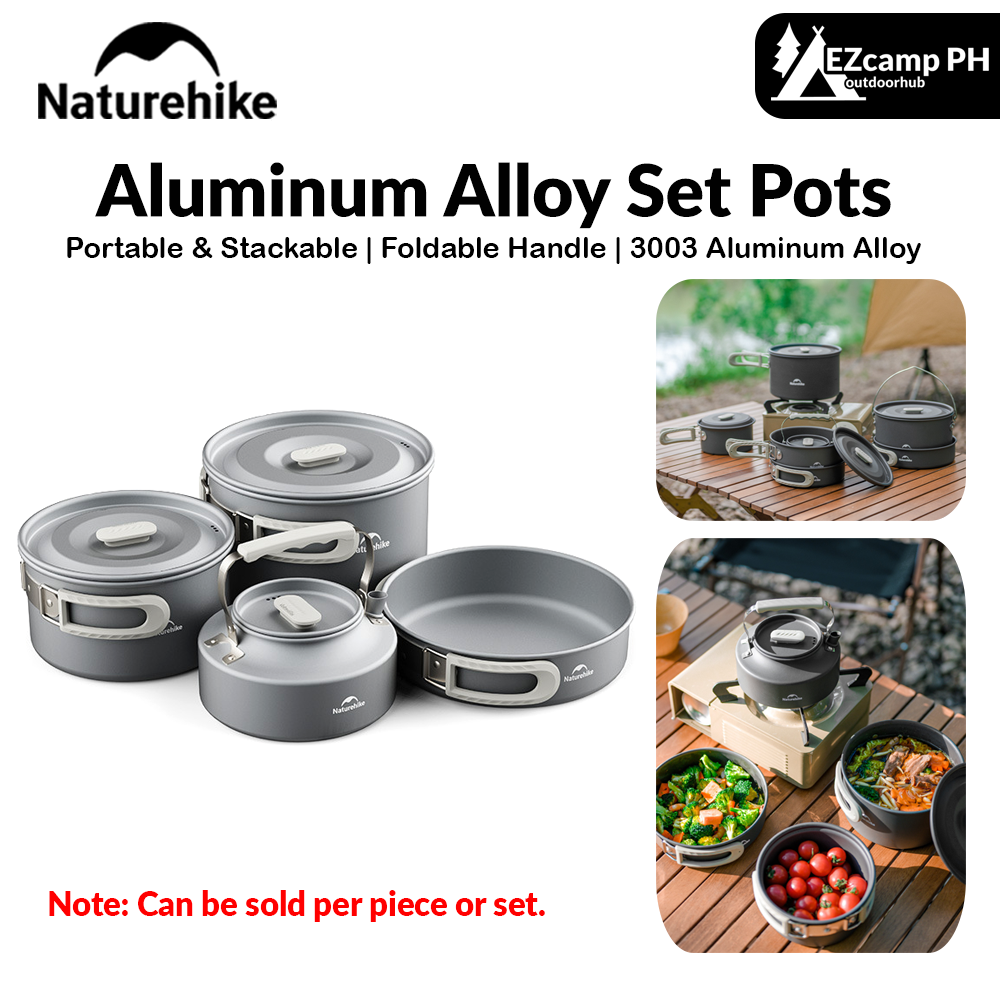 Naturehike Aluminum Alloy Set Pots Portable Lightweight Tableware Pot Frying Pan Kettle Folding Handle Camping Outdoor Hiking Travel Picnic Stackable Cookware