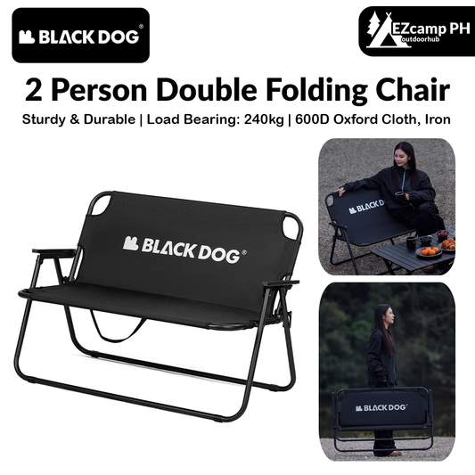 BLACKDOG 2 Person Double Folding Chair Outdoor Portable Sofa 240KG Max Load Foldable Seat Iron Pipe 600D Oxford Cloth Black