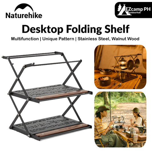 Naturehike Desktop Folding Shelf Portable Retro Camping Stainless Steel Double Storage Rack Foldable 2 Plies Waterproof Table Shelf Rack with Lamp Hook Tabletop Shelves Outdoor