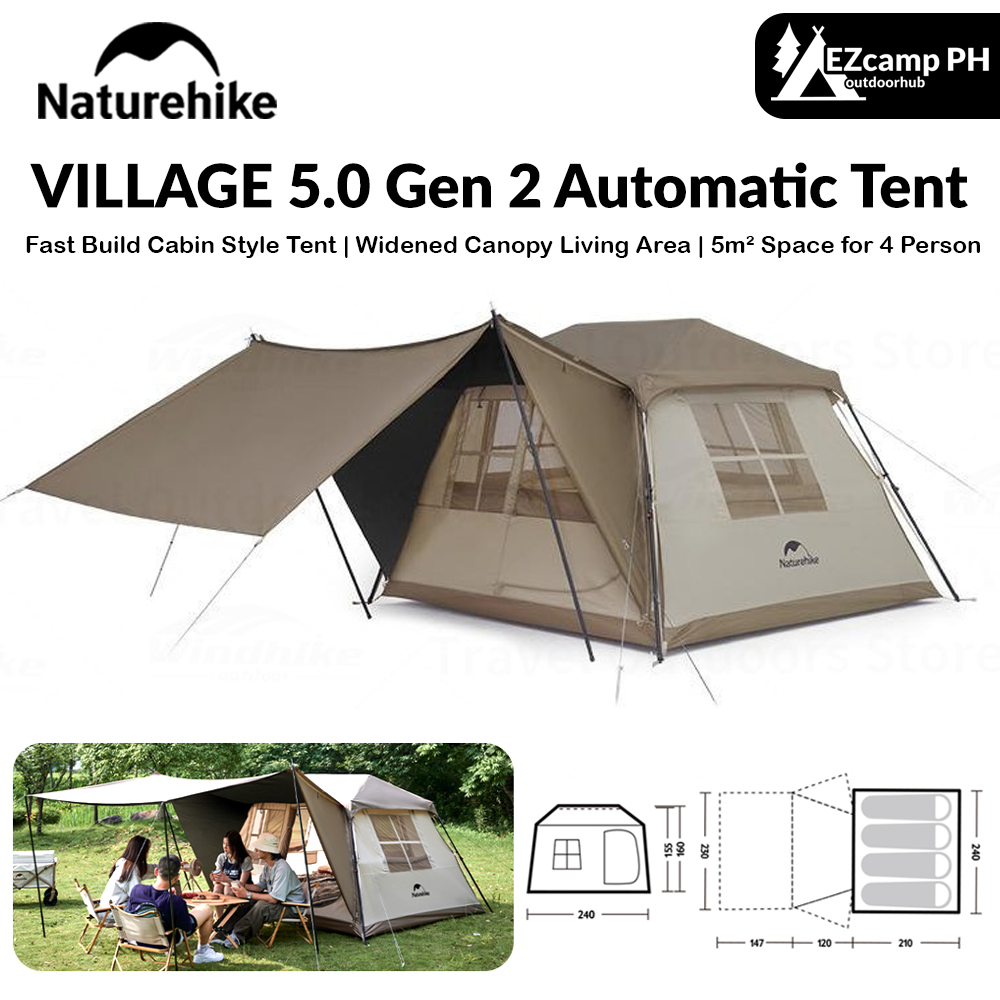 Naturehike VILLAGE 5.0 Gen 2 Automatic Tent Fast Build Cabin Style 5m² Space for 4 Person Waterproof Quick Open Glamping Camping Large Canopy Area