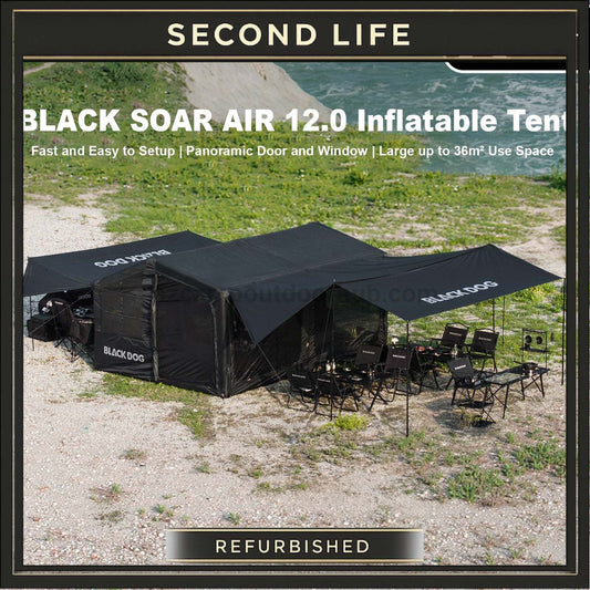 ( REFURBISH ) Blackdog BLACK SOAR AIR 12.0 Inflatable Cabin Style Tent Fast Build PVC Air Frames Black Vinyl Coated Sunscreen Waterproof 6-8 Person
