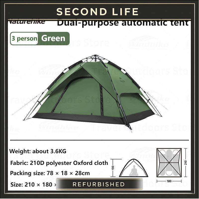 ( REFURBISH ) Naturehike Automatic Pop Up Camping Tent Fast Quick Build 3 and 4 Person Dome Style 210D Polyester Waterproof 3000mm Instant