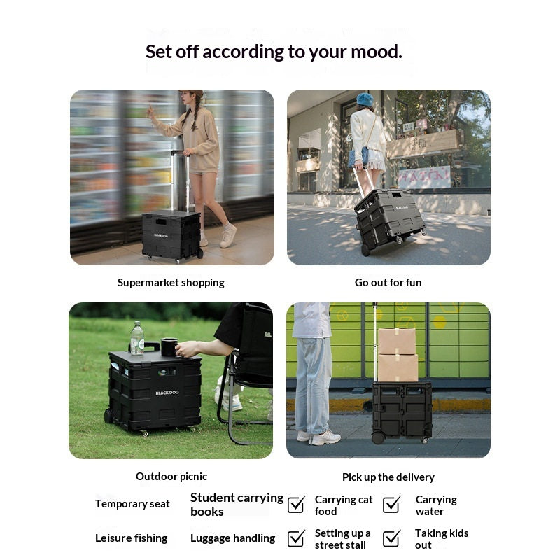 BLACKDOG Black Folding Trolley Portable Lightweight 30-50L Capacity Storage Box Cart With Wheels Pushing Cart Pull Rod Shopping Camping Equipment
