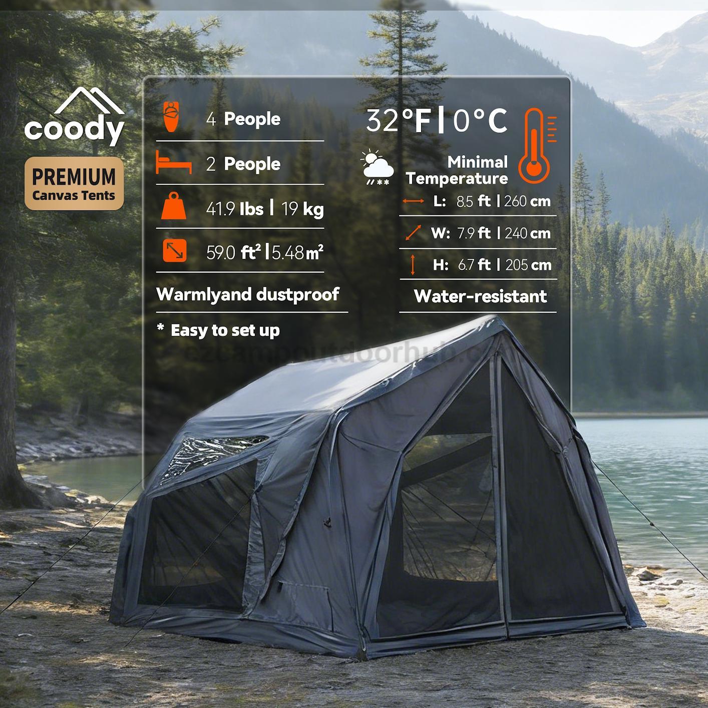 Coody YUSTONA Air Inflatable Tent Portable 2-4 Persons Quick Automatic Opening 4 Season Modern Tech Cotton Inflatable Tent Waterproof Outdoor Camping