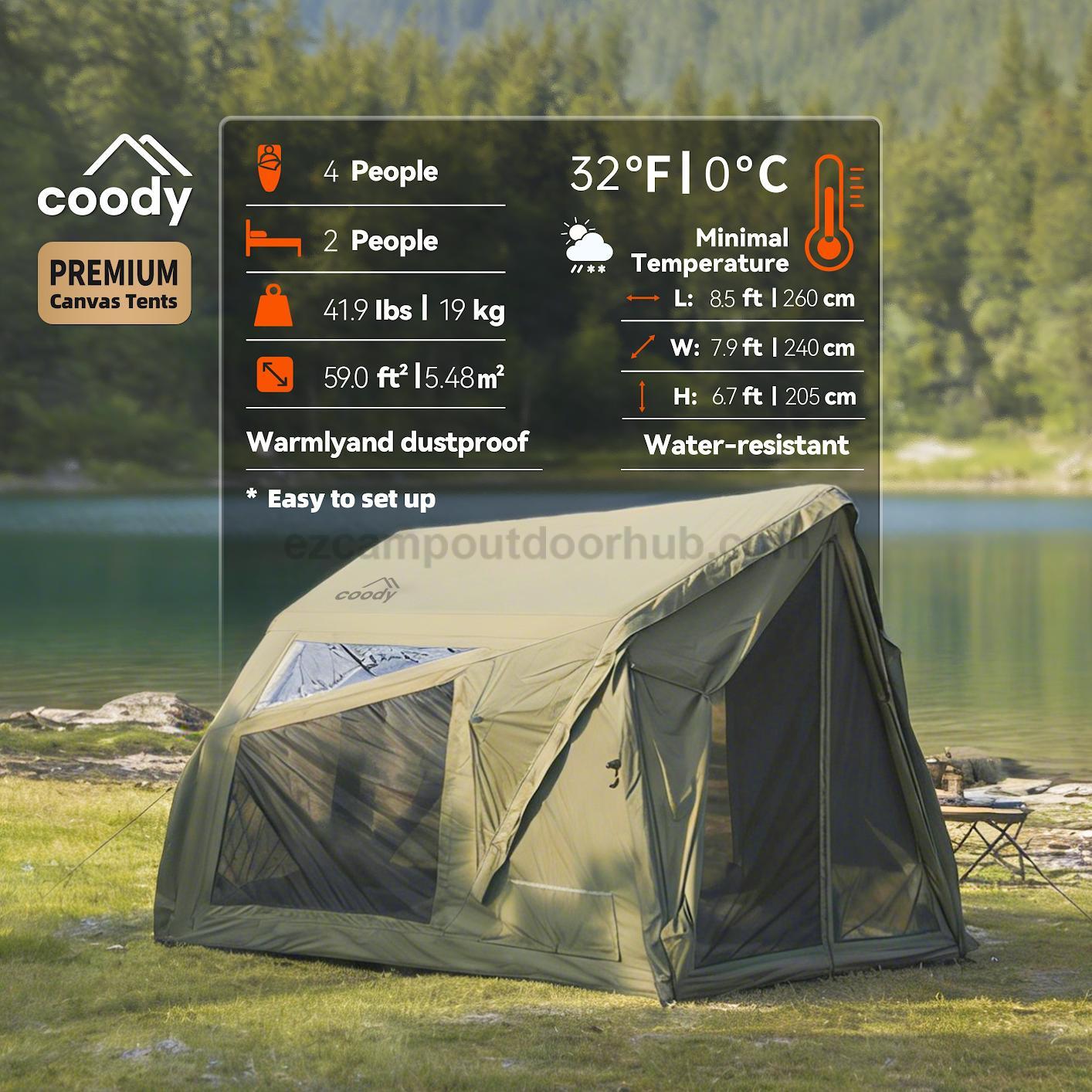 Coody YUSTONA Air Inflatable Tent Portable 2-4 Persons Quick Automatic Opening 4 Season Modern Tech Cotton Inflatable Tent Waterproof Outdoor Camping