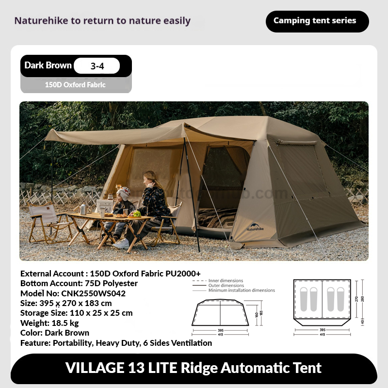 Naturehike VILLAGE 13 LITE Ridge Automatic Tent Fast Build Cabin Style Tent 6-8 Persons 2 Bedroom 1 Living Area Large 13m² Interior Space Outdoor