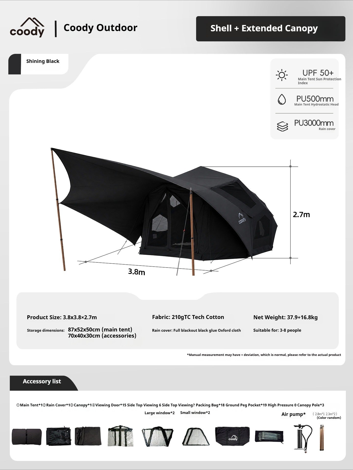 Coody BESTONA AIR Premium Dome Shell Spherical Large Space Air Inflatable Tent Heightened Enlarged All Season Tent Black Beige Army Green