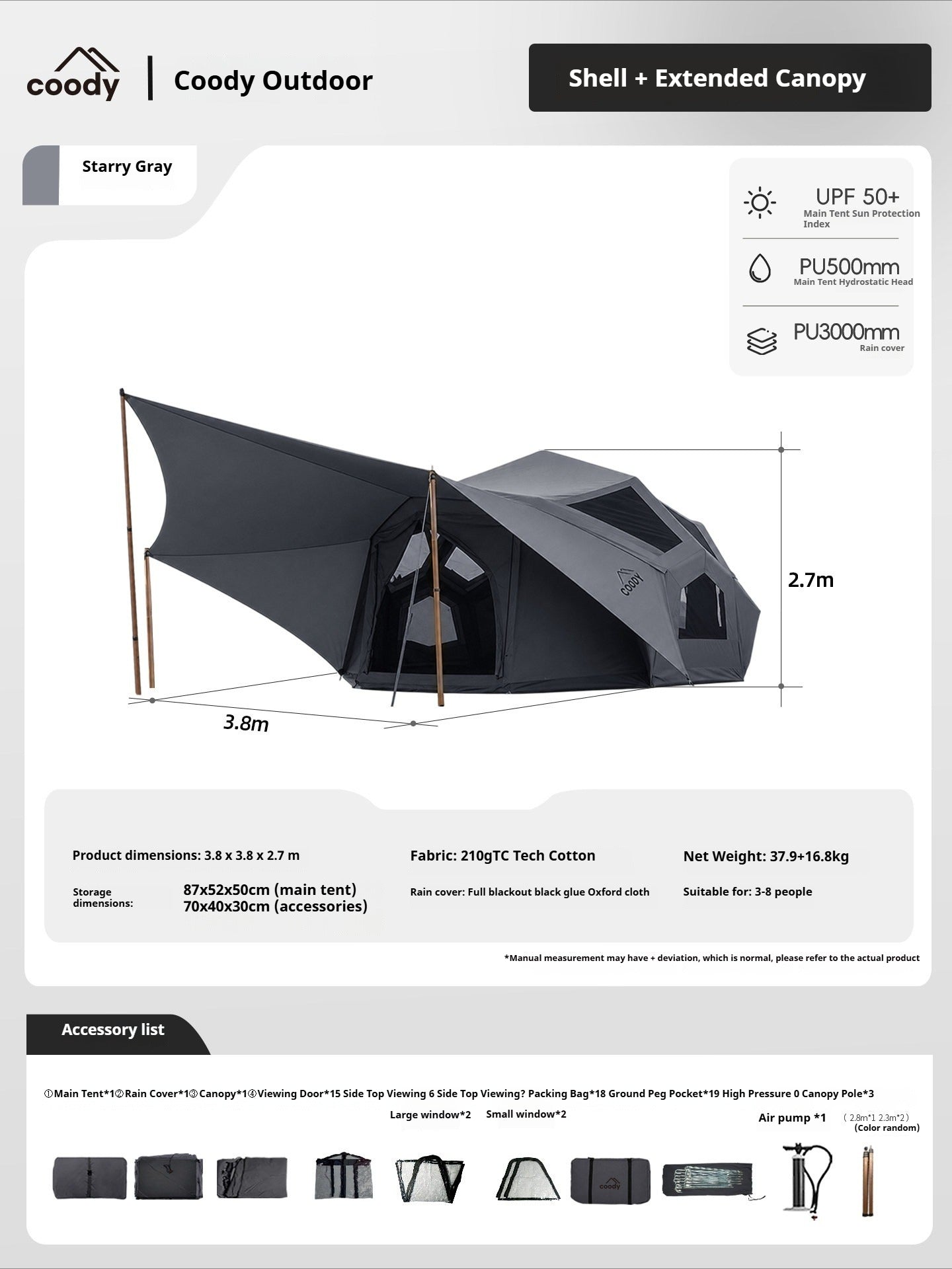 Coody BESTONA AIR Premium Dome Shell Spherical Large Space Air Inflatable Tent Heightened Enlarged All Season Tent Black Beige Army Green