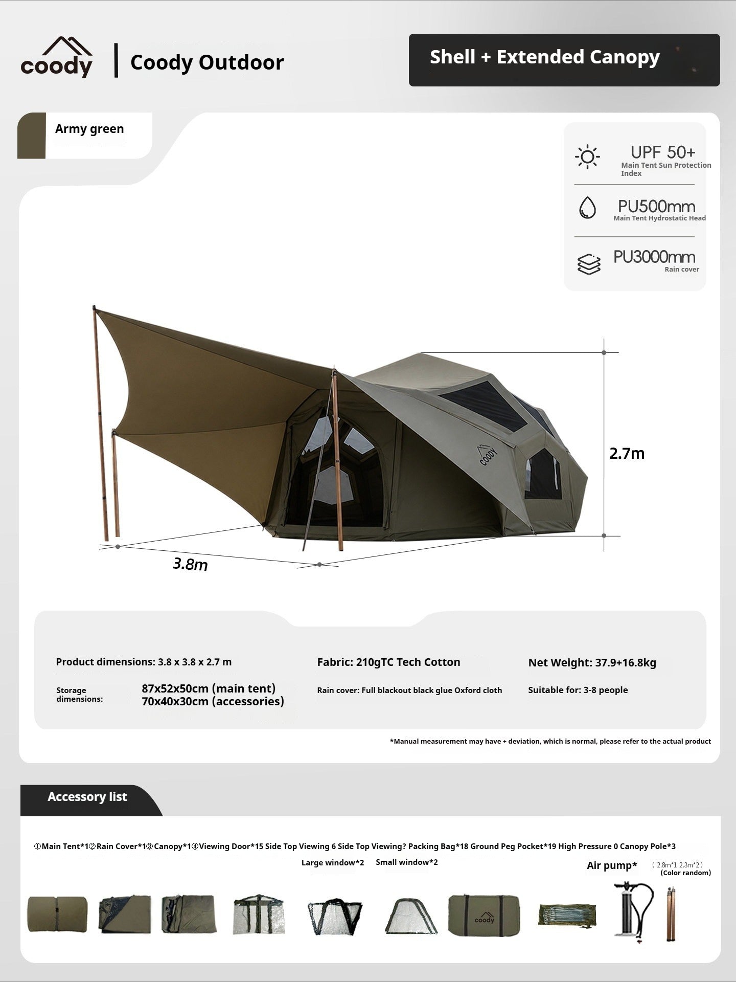 Coody BESTONA AIR Premium Dome Shell Spherical Large Space Air Inflatable Tent Heightened Enlarged All Season Tent Black Beige Army Green