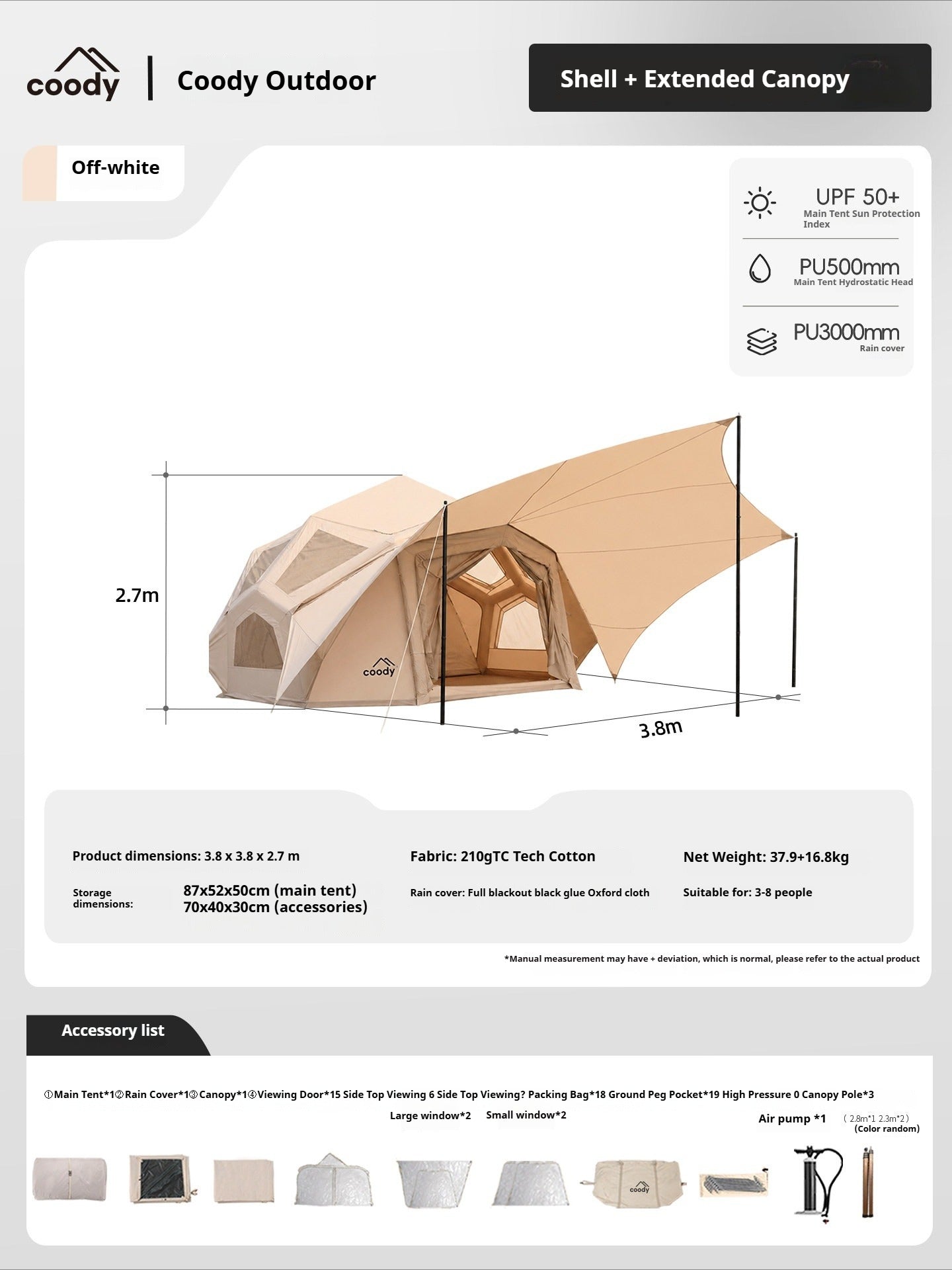 Coody BESTONA AIR Premium Dome Shell Spherical Large Space Air Inflatable Tent Heightened Enlarged All Season Tent Black Beige Army Green