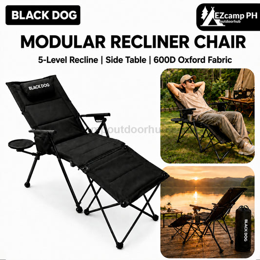 BLACKDOG Modular Recliner Chair Black Portable Lightweight 5-Level Adjustable With Side Table And Footrest Spacious Seat Outdoor Camping Travel
