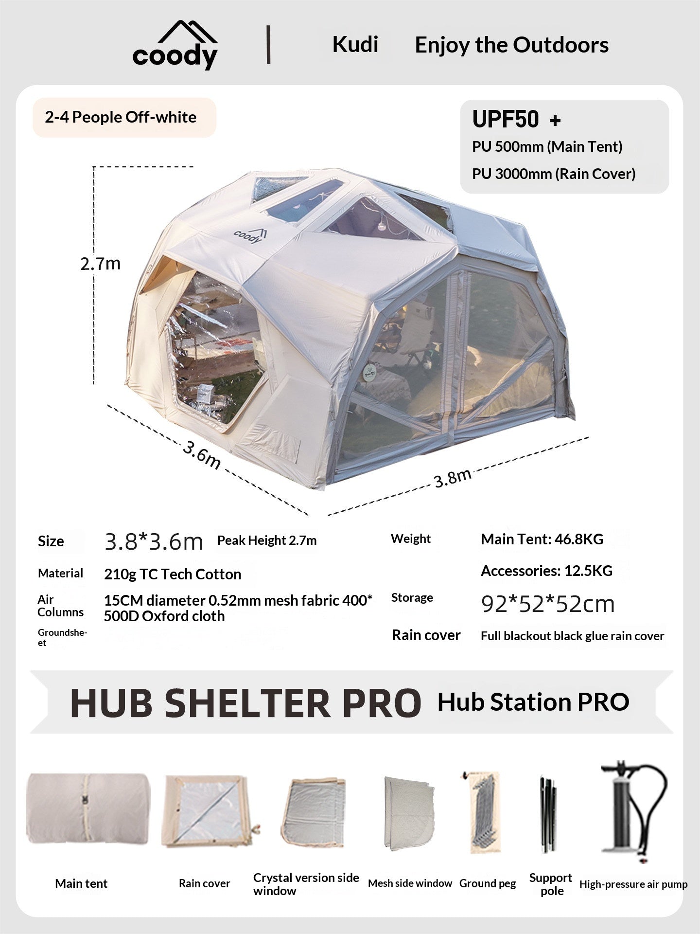 Coody HUB SHELTER PRO Inflatable Air Modular Tent Blended TC Cotton Premium Large Spacious Main Station Inter-connecting Tent Family Shelter Outdoor