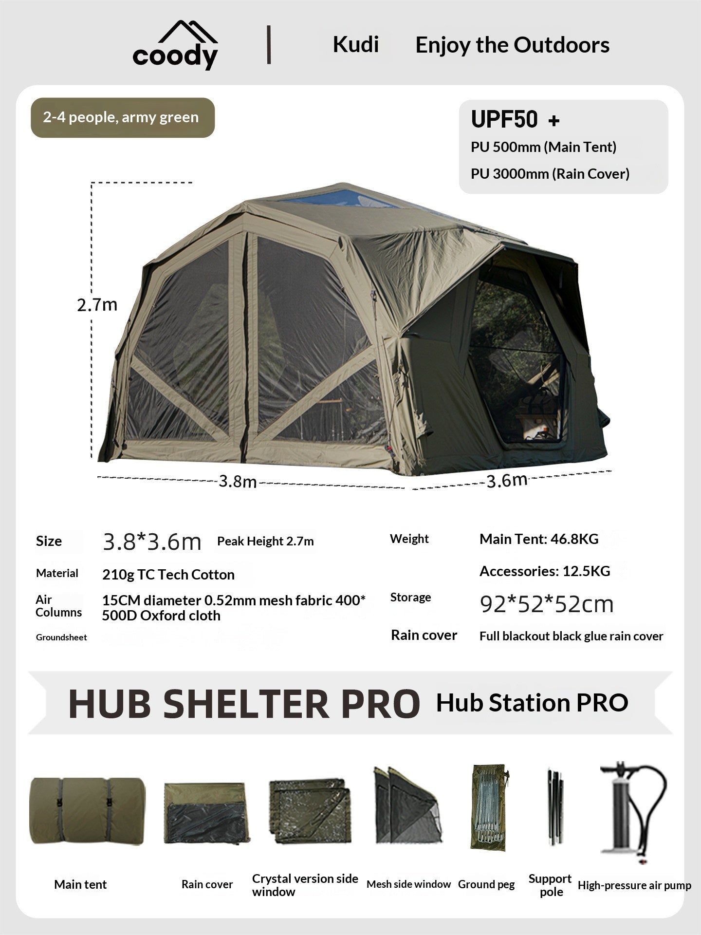 Coody HUB SHELTER PRO Inflatable Air Modular Tent Blended TC Cotton Premium Large Spacious Main Station Inter-connecting Tent Family Shelter Outdoor