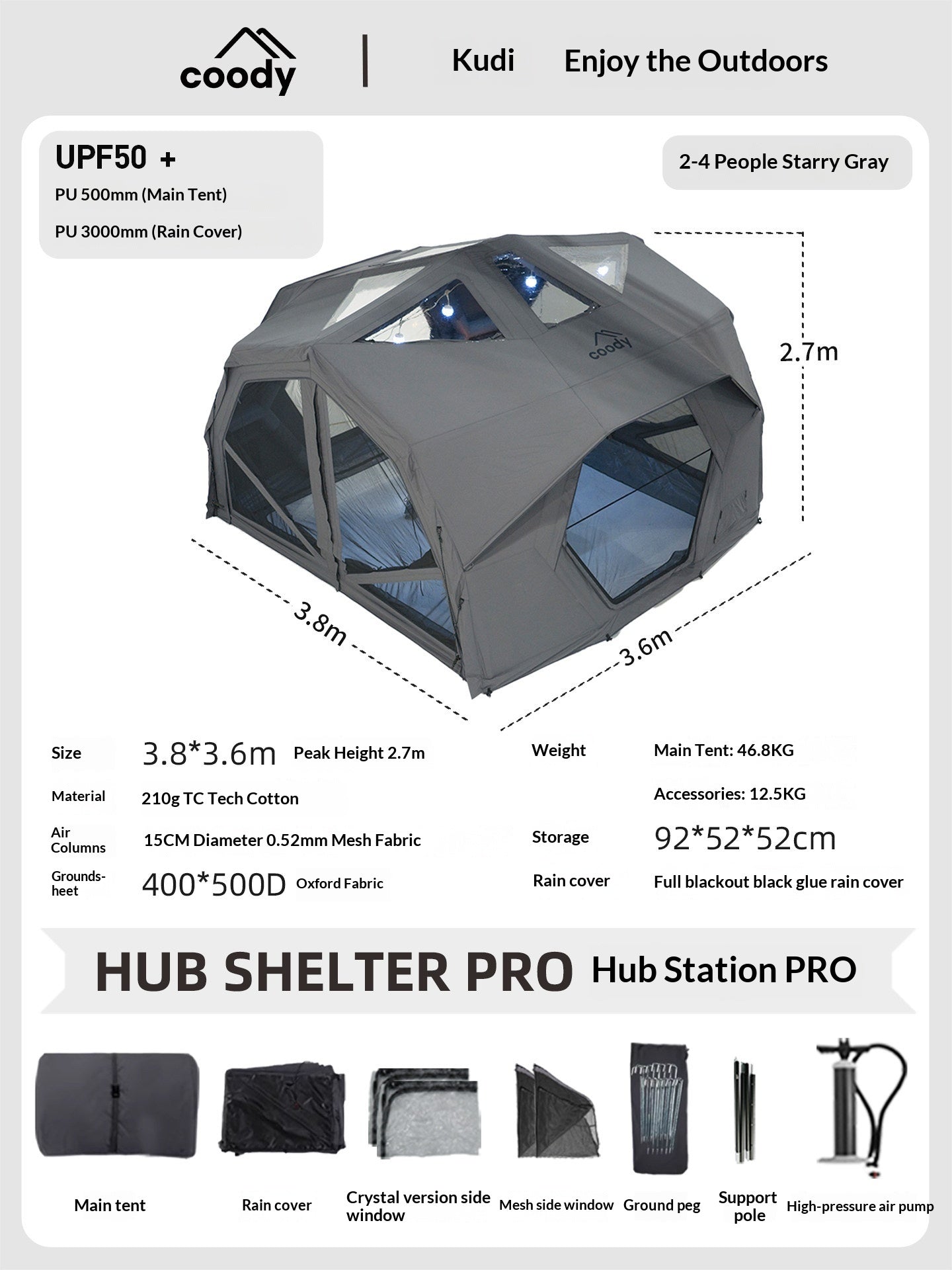 Coody HUB SHELTER PRO Inflatable Air Modular Tent Blended TC Cotton Premium Large Spacious Main Station Inter-connecting Tent Family Shelter Outdoor