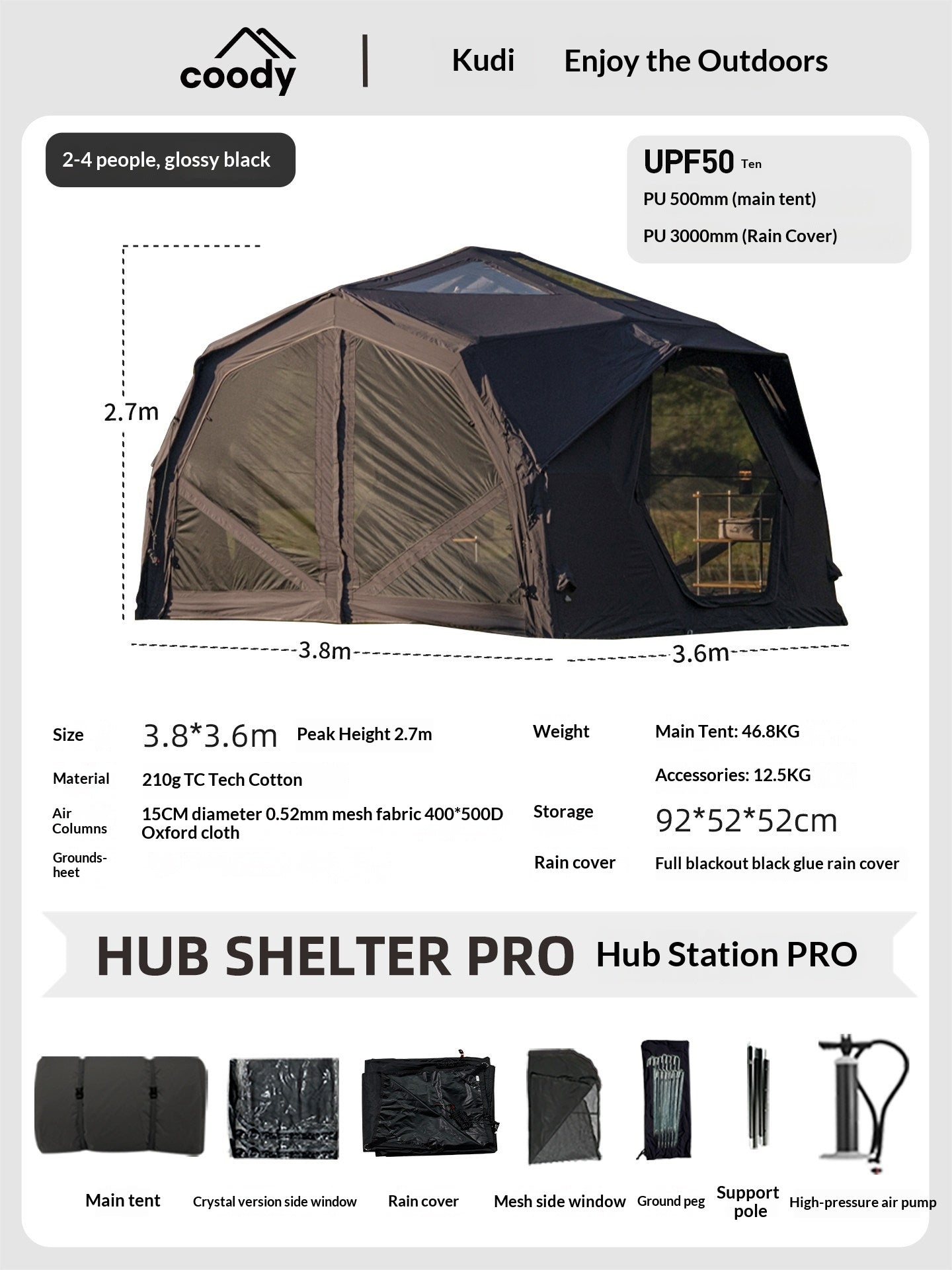 Coody HUB SHELTER PRO Inflatable Air Modular Tent Blended TC Cotton Premium Large Spacious Main Station Inter-connecting Tent Family Shelter Outdoor