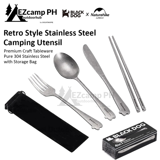 BLACKDOG by Naturehike Retro Style Pure 304 Stainless Steel 4 in 1 Spoon Fork Knife Chopsticks Camping Tableware Dining Utensil Cutlery Set with Bag