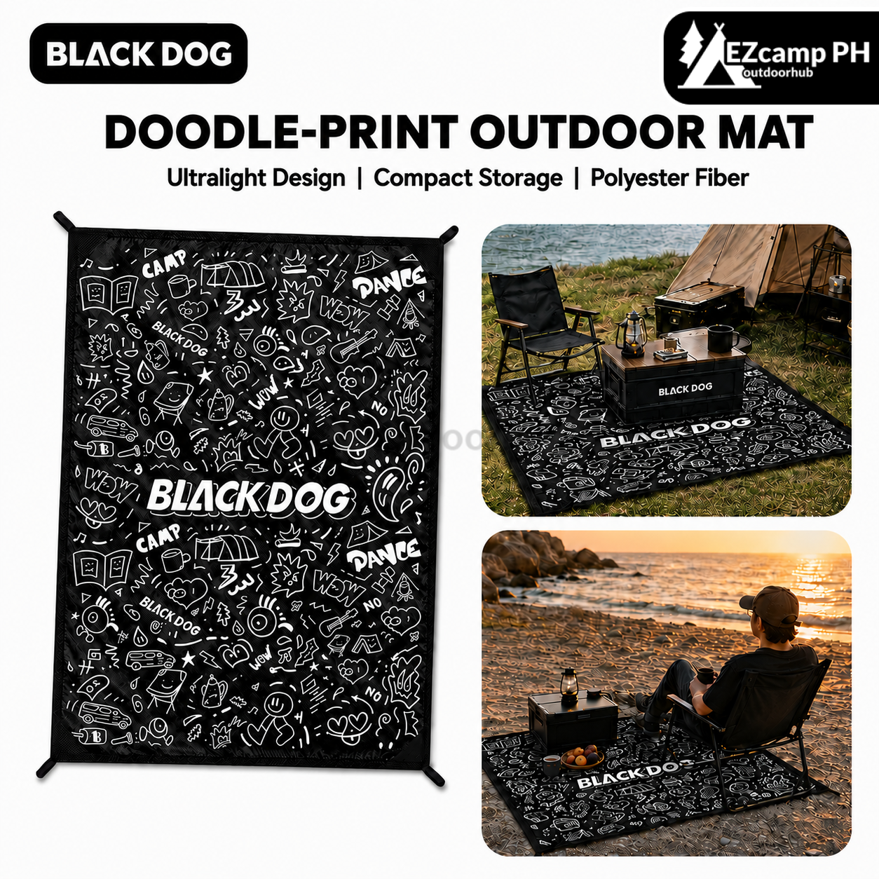 BLACKDOG Doodle-Print Outdoor Mat Portable Ultralight Black Breathable Mattress Moisture-proof Widened Layout Ground Sheet Camping Picnic Beach