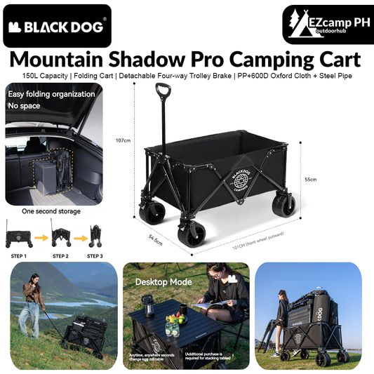 BLACKDOG Mountain Shadow Pro Camping Cart 150 Liters Large Capacity Folding Collapsible Cart Wagon Hiking Outdoor Garden Picnic Sundries Portable Handcart Storage Detachable Four-way Trolley With Brake Heavy Duty Original Black Dog