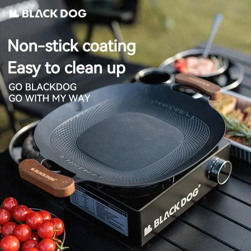 BLACKDOG by Naturehike Round Baking Pan Stove Grill Top Non-Stick Frying Grilling Korean BBQ Cookware Outdoor Camping Picnic Induction Ready Wood Handle with Bag Cooking Barbecue Equipment Utensil Black Dog Nature Hike