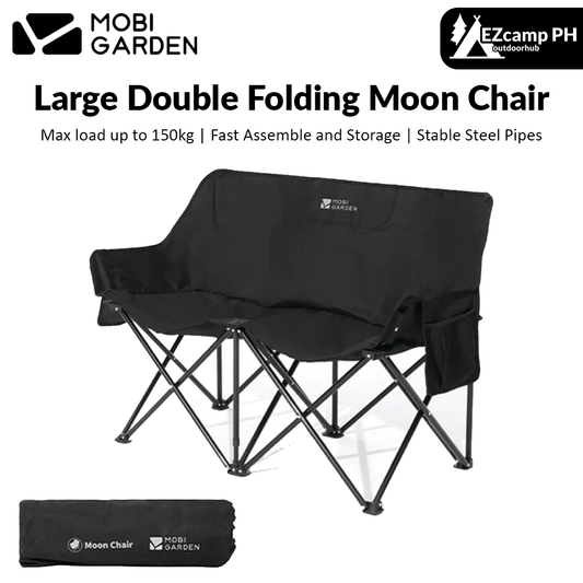 MOBI GARDEN Large Double Folding Moon Chair Outdoor Foldable Camping Easy Assemble Storage 150kg Max Load Stable Steel Pipe Frame 600D Oxford Portable Seat with Storage Bag Mobigarden