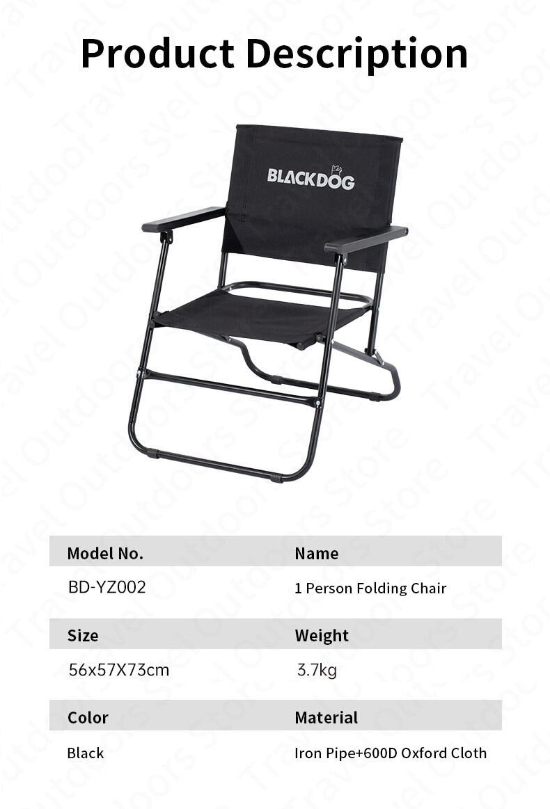 BLACKDOG Portable Black Folding Chair 3.7kg Durable 120kg Max Load Anti-skid Iron Pipe Support Kermit Foldable Chair With Armrest And Backrest Outdoor Hiking Beach Picnic Travel Camping  Heavy Duty Black Dog