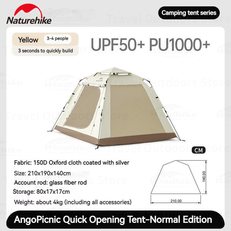 Naturehike Ango Picnic Quick Opening Tent 3-4 Persons Portable Automatic Easy to Set Up Large Space Luxury Sunshade Family Camping Outdoor Hiking Outing Highly Durable Rainproof Canopy Tent Original Nature Hike