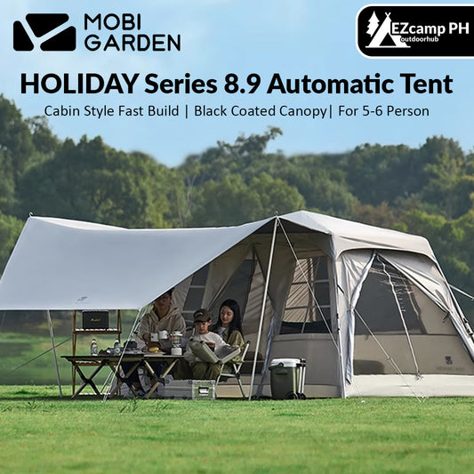 Mobi Garden HOLIDAY Series 8.9 Fast Automatic Cabin Style Tent for 5-6 Person Waterproof Black Vinyl Coated Sunscreen Awning Canopy Large up to 19m² Total Usable Space Quick Open Outdoor Camping Tent Mobigarden village Mountain Residence