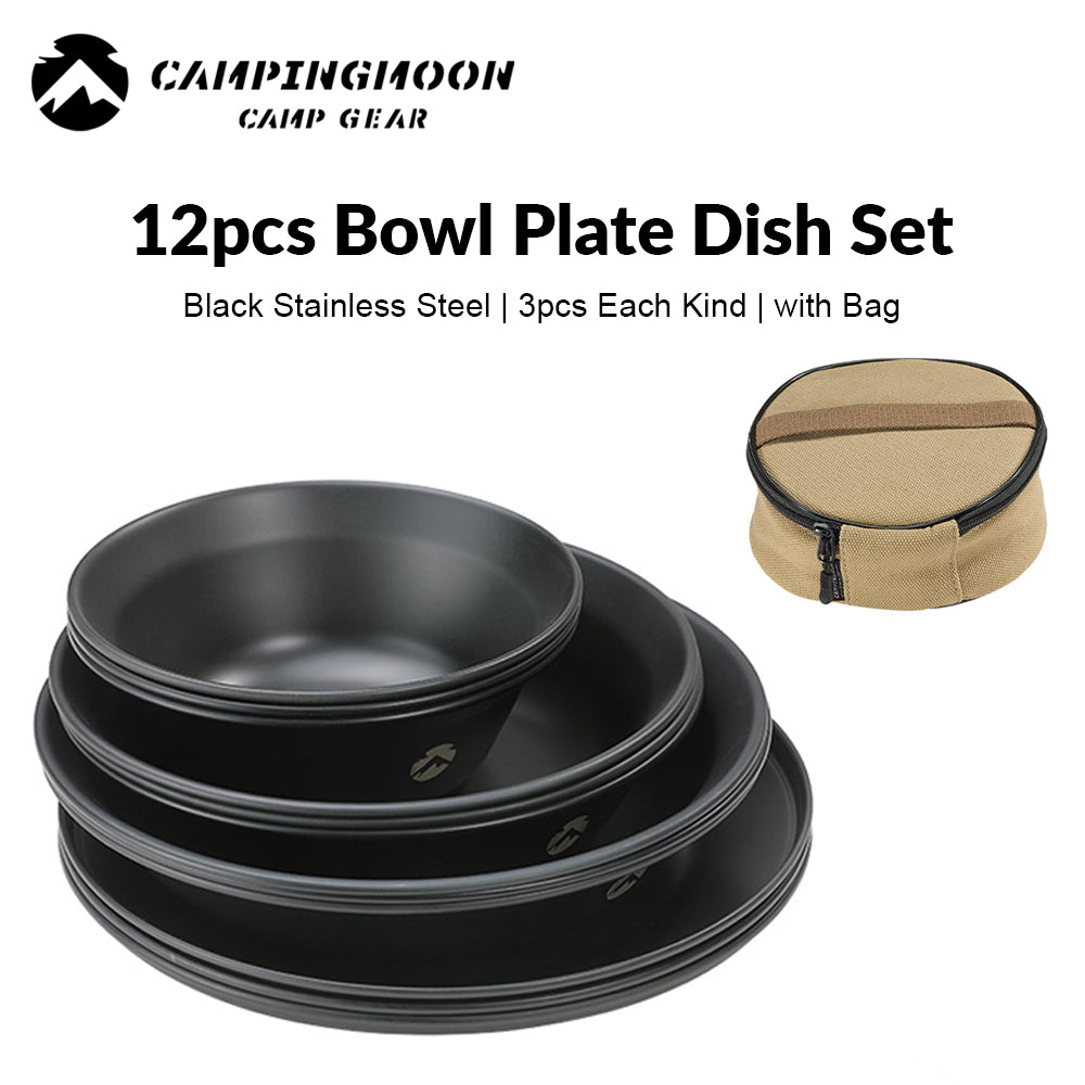 CAMPINGMOON Black Stainless Steel Dining Tableware Set Plate Dish Bowl Titanium Coated Portable Ultralight Camping Picnic Outdoor Dinnerware Utensil with Storage Bag Camping Moon