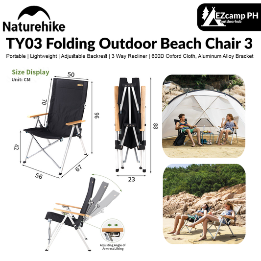 Naturehike TY03 Folding Outdoor Beach Chair 3 Way Recliner Adjustable Backrest Leisure With Armrest Chair Car Mounted Aluminum Pipe Support Reclining