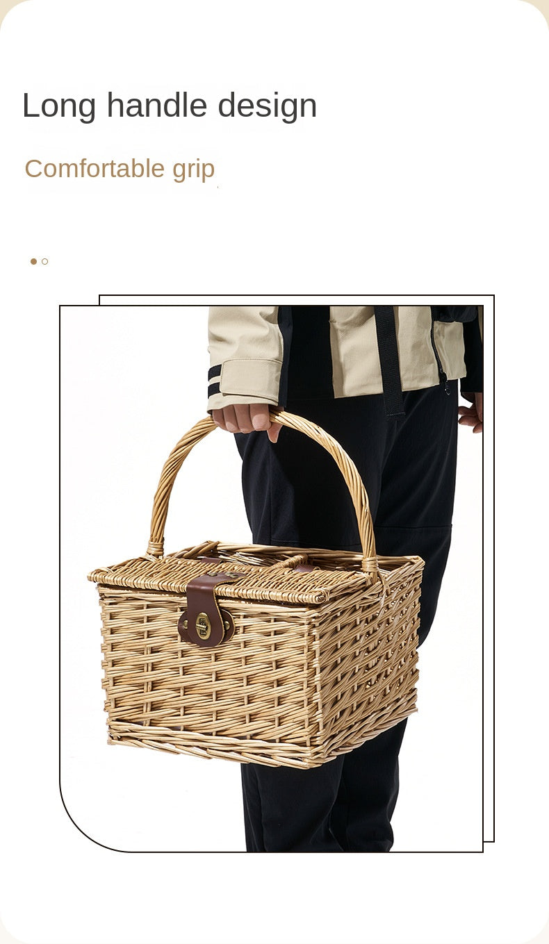 Mobi Garden 15L Woven Picnic Basket Portable Lightweight Wicker Storage Box Outdoor Camping Rattan Food Carrying Container Organizer With Lid Cover MobiGarden