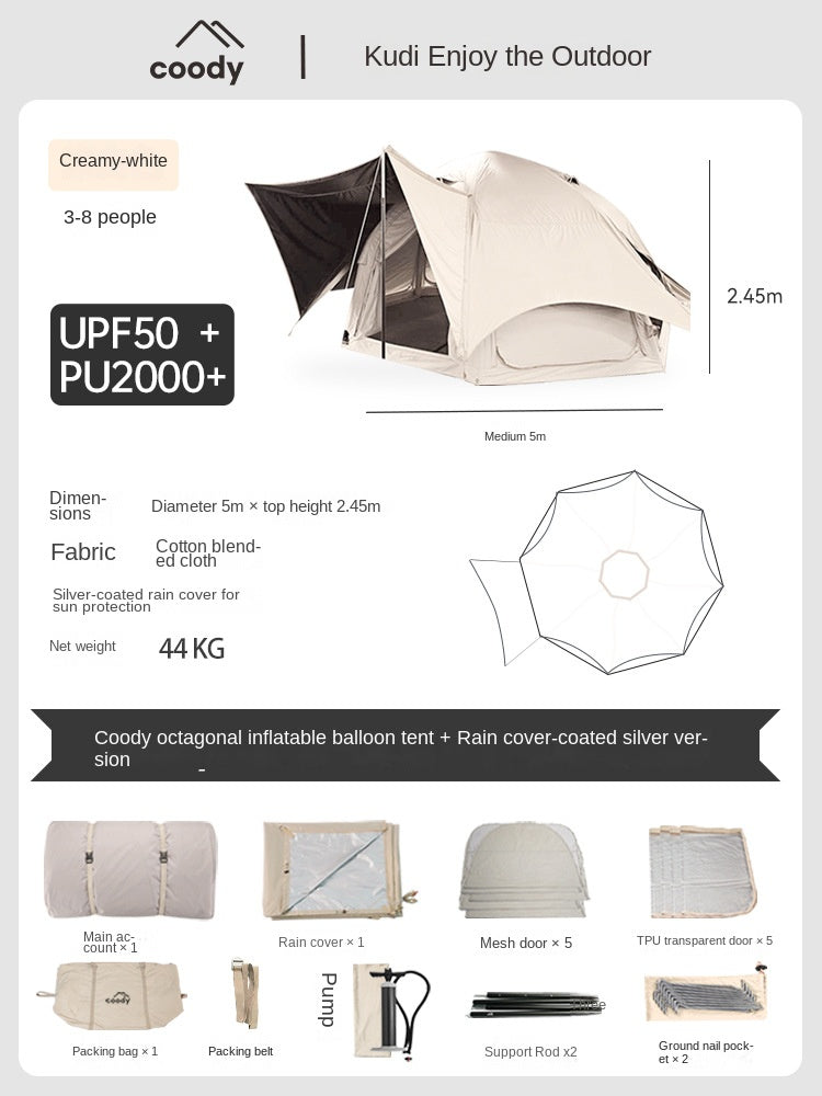 Coody AURORA AIR DOME 17.6 Tent 6-8 Persons Air Inflatable Tent Octagonal Extra Large 17.6m² Interior Space Waterproof Black Vinyl Coated Sunscreen Rain Cover