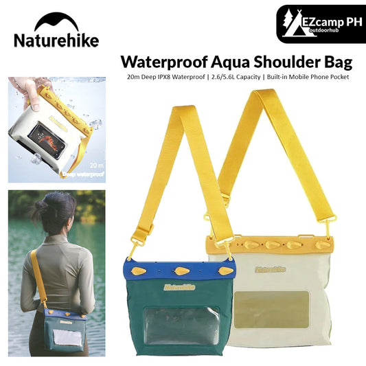 Naturehike Aqua Waterproof Shoulder Bag with Mobile Phone Pocket 20m Deep IPX8 Waterproof 2.6/5.6L Ultralight Beach Camping Swimming Water Sports Multifunctional Storage Dry Bag Cellphone Smartphone Case Cover Nature Hike QINGYANG