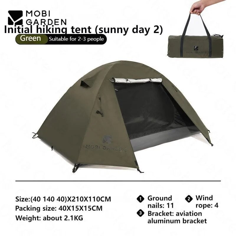 MOBI GARDEN SUNNY DAY Hiking Tent Oudoor 2-4 Person Portable Folding Ultralight 3 Season Waterproof Windproof Silver Coated Sunscreen Camping Outdoor Travel Picnic Backpacking Trips Sunny Tent Heavy Duty Original MobiGarden