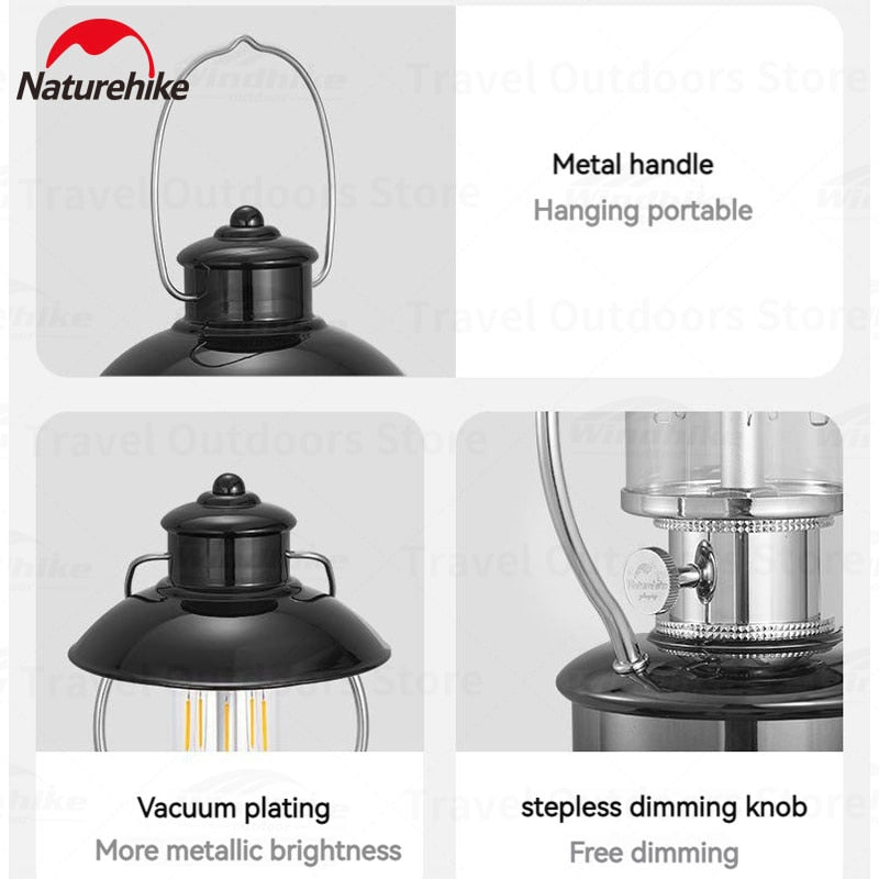 Naturehike Retro Style LED Camping Lantern Light 270 Lumens USB Rechargeable IPX4 Waterproof up to 300h 18650 6000mAh Battery Outdoor Lighting Lamp