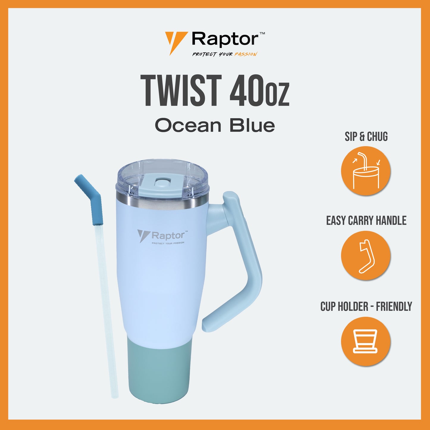 Raptor TWIST 40oz Tumbler Unique Rotating Handle Double-Wall Vacuum Insulation Cup Holder-Friendly Design Rust-Resistant Durability Drinkware