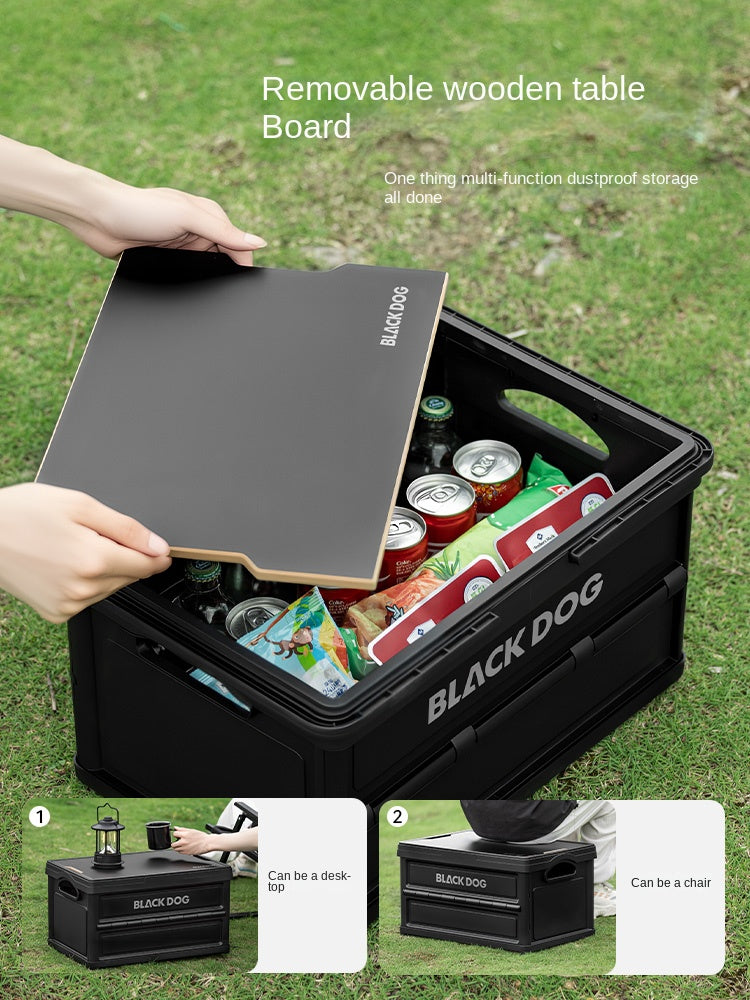 Blackdog PP Folding Storage Box Portable Foldable Multipurpose 23/45L Collapsible Black Storage Container With Wood Table Board Outdoor Camping