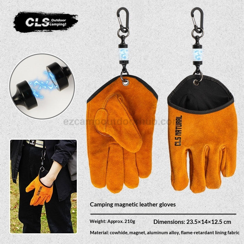 CLS Magnetic Leather Gloves Strong Magnetic Hanging Gloves Camping Equipment Tool BBQ Grill Working Leather Fire Retardant Insulated Non-Slip Gloves