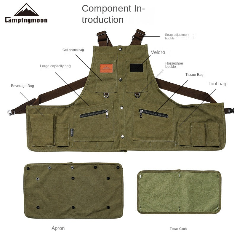 Campingmoon Q1 Outdoor Camping Vest Portable Lightweight Multifunctional Detachable Apron With Pockets Work Clothes Overalls Tools Equipment Storage Canvas Material Hiking Cooking Gardening Picnic Beach Travel Heavy Duty Original Camping Moon